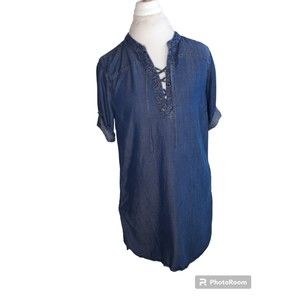 PHILOSOPHY Women BLUE Tencel Lace Up Tunic Jean Shirt Dress L w cuffed sleeves